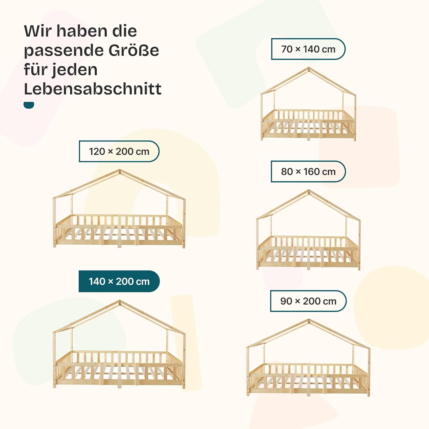 [en.casa] Kinderbett Treviolo Hausbett 140 x 200 cm Holzbett für Kinder mit Rausfallschutz Montessori Bettgestell mit Lattenrost Kiefernholz Holzfarben