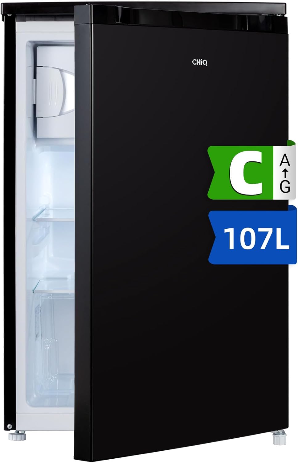 CHIQ kühlschrank mit gefrierfach 107 Liter, mit 13L Gefrierfach｜EEK C, 87 kWh/Jahr | 4-Sterne-Gefrieren, -24 °C bis -16 °C| geräuscharm, Schwarz, CTT107BC