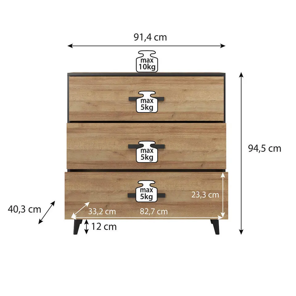 Meubella - Ladekast Frey - Donker eiken - Zwart - 91 cm