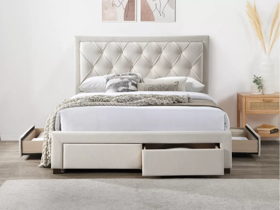 Lit avec tiroirs 140 x 190 cm - Tissu - Beige - LEOPOLD