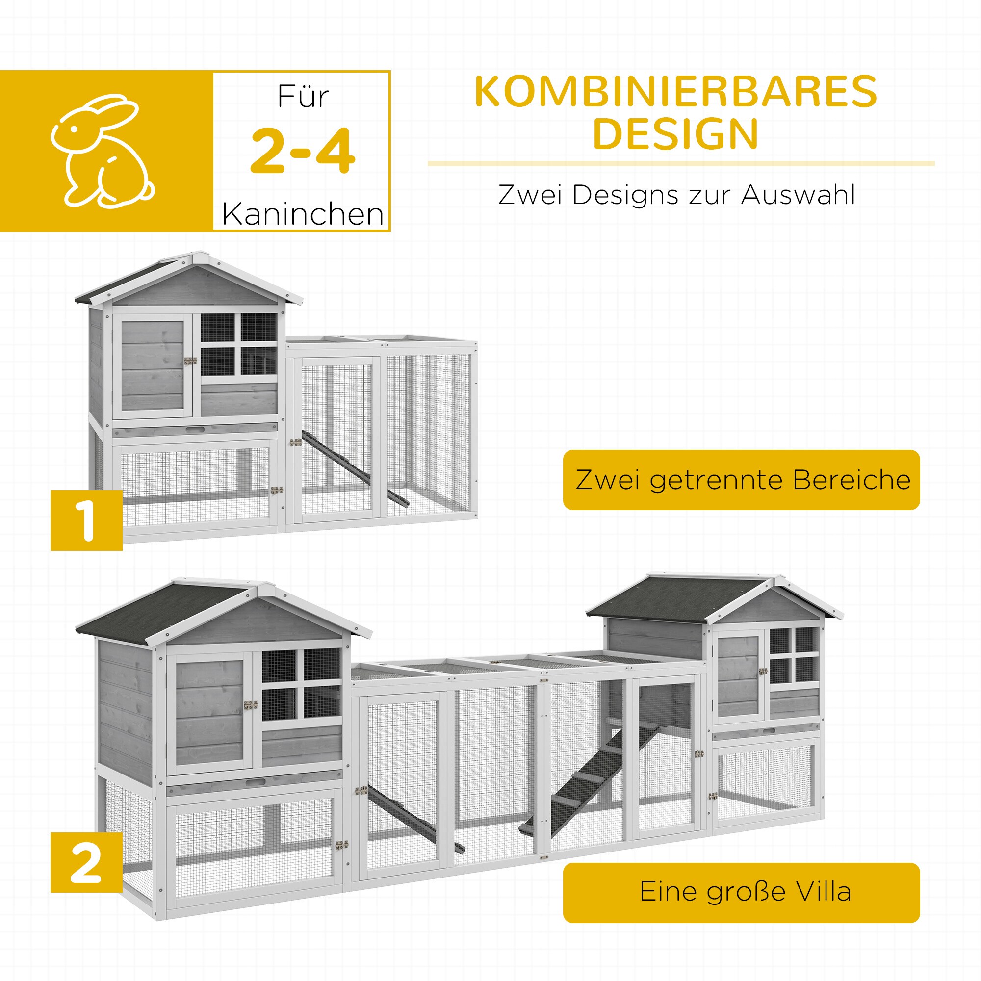 PawHut Kaninchenstall mit herausnehmbarer Bodenwanne grau, weiß 259L x 64B x 92H cm