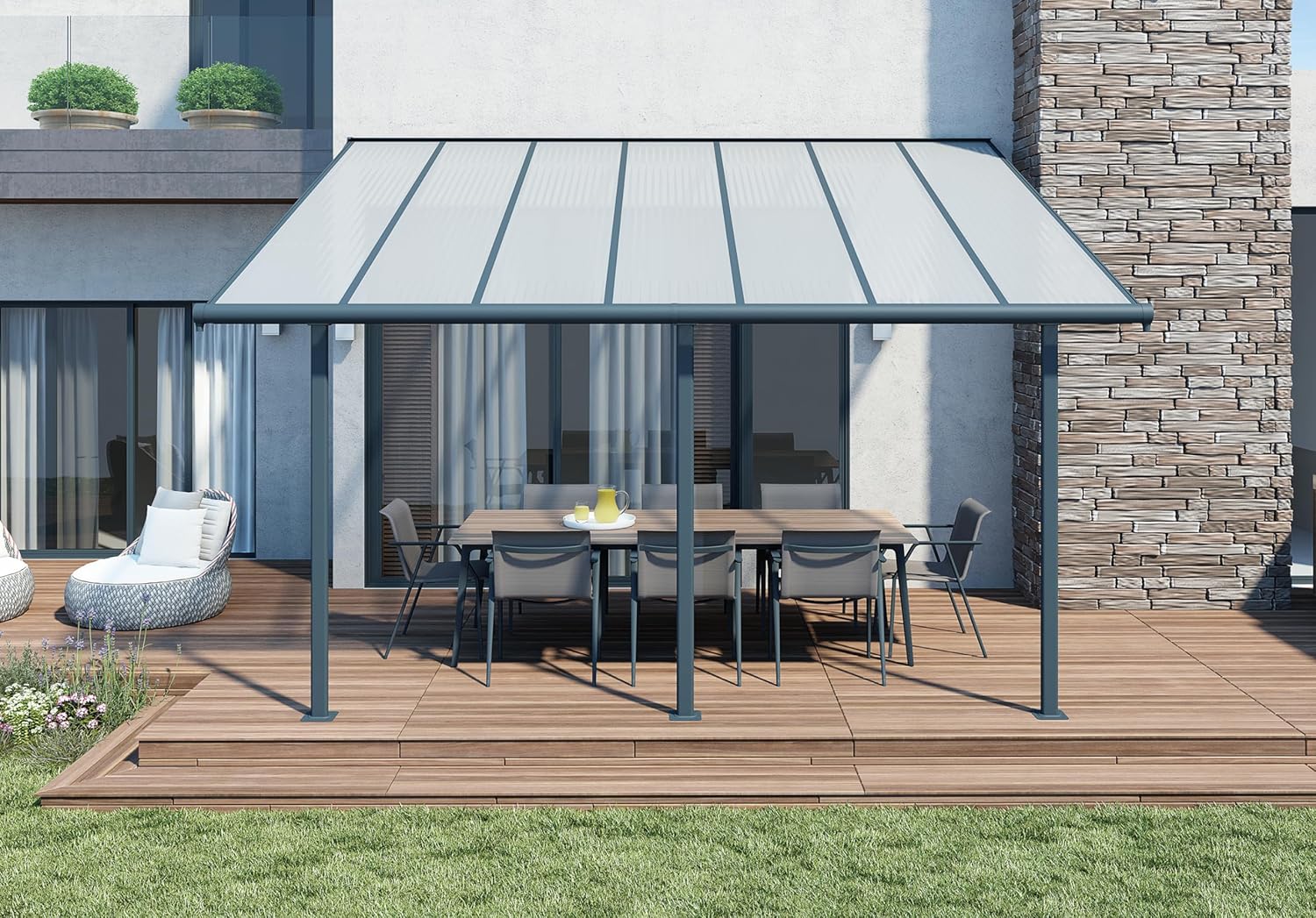Canopia by Palram Terrassenüberdachung Alu Sierra 3X4.25 Polycarbonat Hohlkammerplatten Pergola 434 x 295 cm Grau zur Überdachung ihrer Terrasse