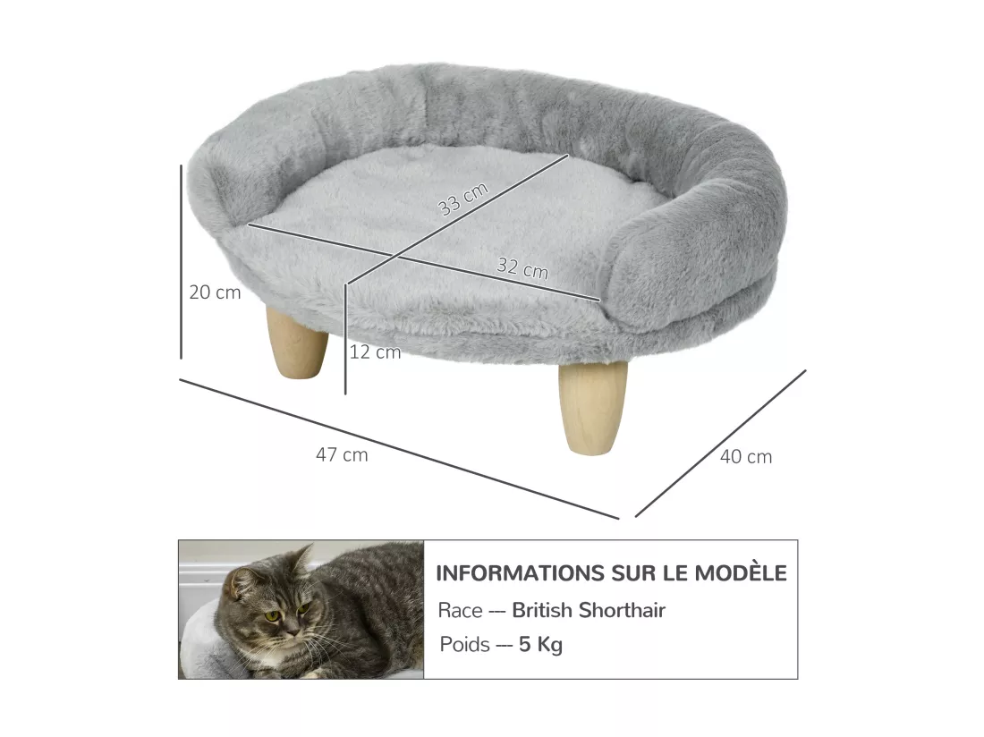 Canapé panier chien ou chat design scandinave housse amovible pieds en bois peluche douce gris