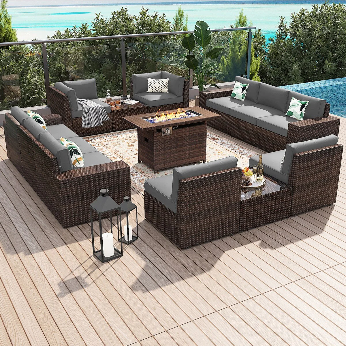 13 Pieces Patio Furniture Set with 44Fire Pit Table