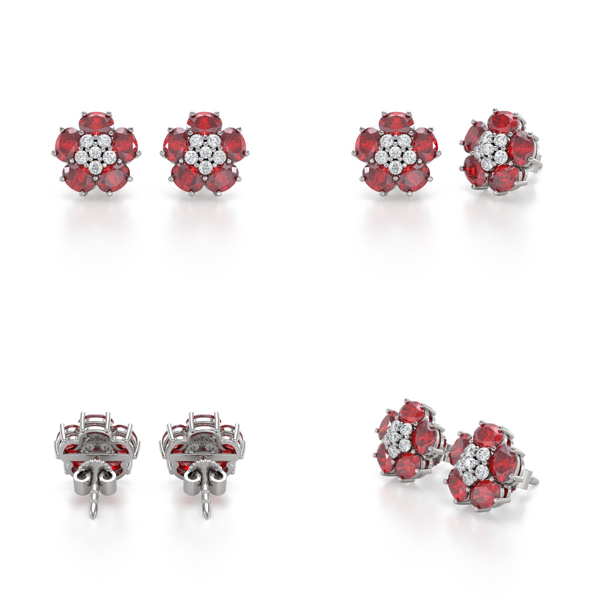 Boucles d'oreilles ADEN Fleur Rubis et Diamants sur Argent 925 2.86grs