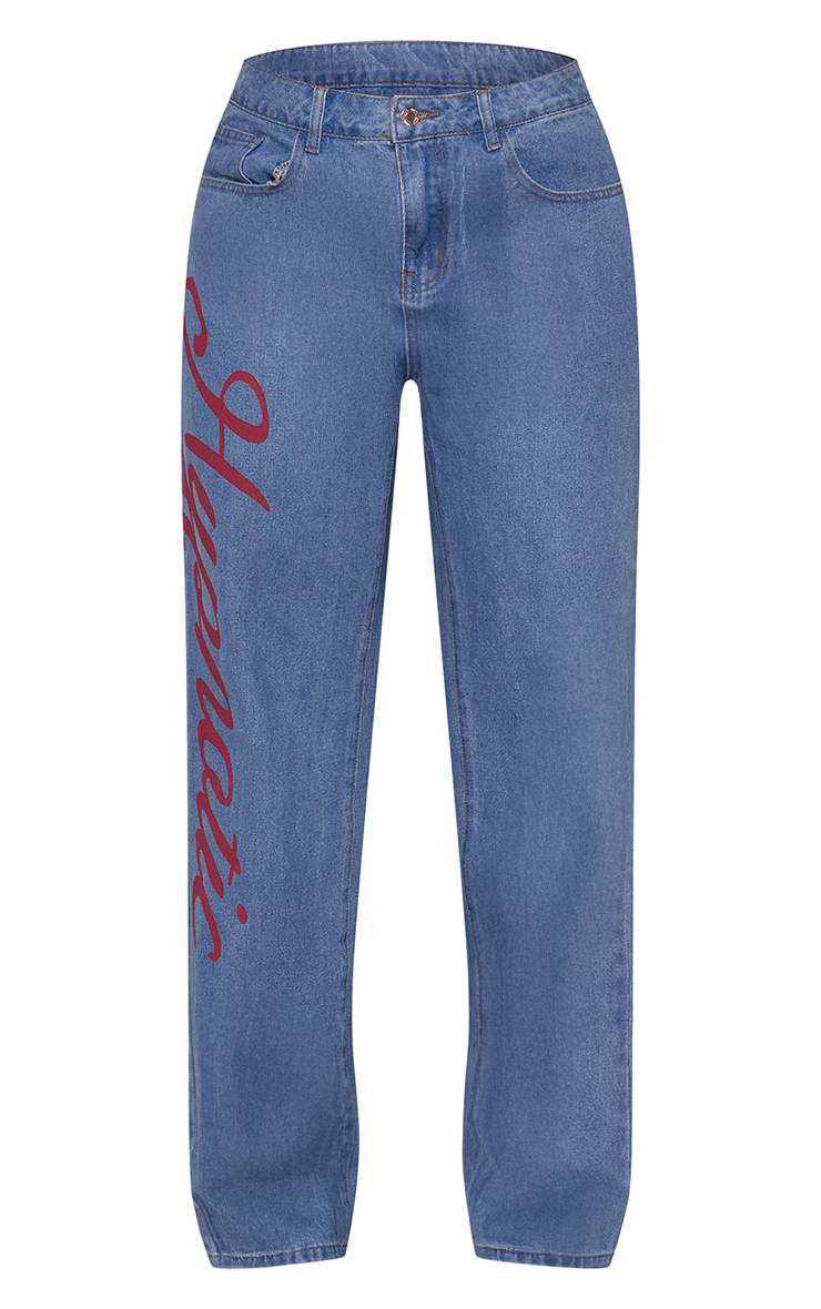 Light Blue Wash Jean Droit Taille Basse Avec Slogan Shape
