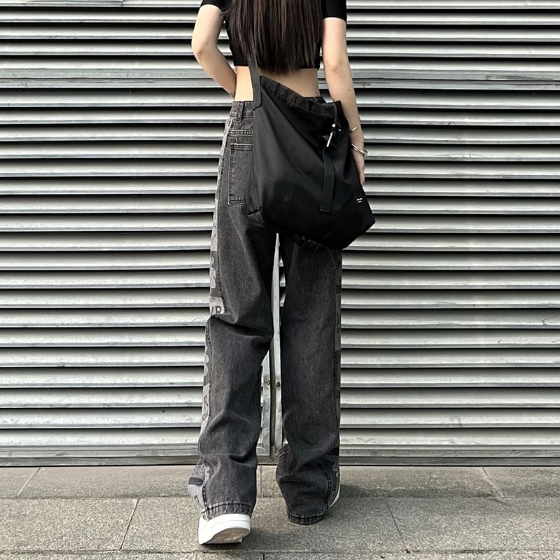 LINSI - Baggy jeans met hoge taille en grafische print