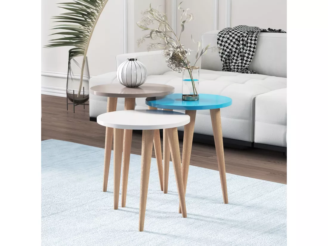 Tables gigognes, set de 3, le pied en bois, colorés (Teak, Créme et Turquoise)