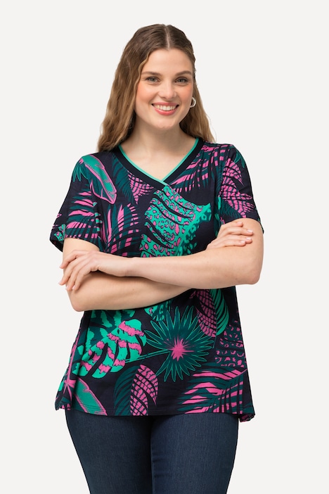 T-Shirt, Palmen, A-Linie, V-Ausschnitt, Halbarm