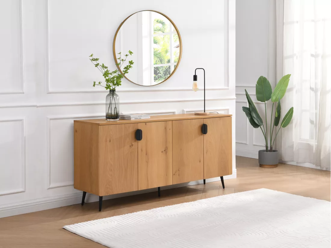 Buffet avec 4 portes placage chêne et acier - Naturel clair et Noir - SINOLO
