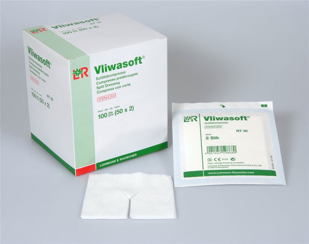 VLIWASOFT Schlitzkompressen mit Y-Einschnitt<br>50 × 2 Stück, 7.5x7.5cm, steril