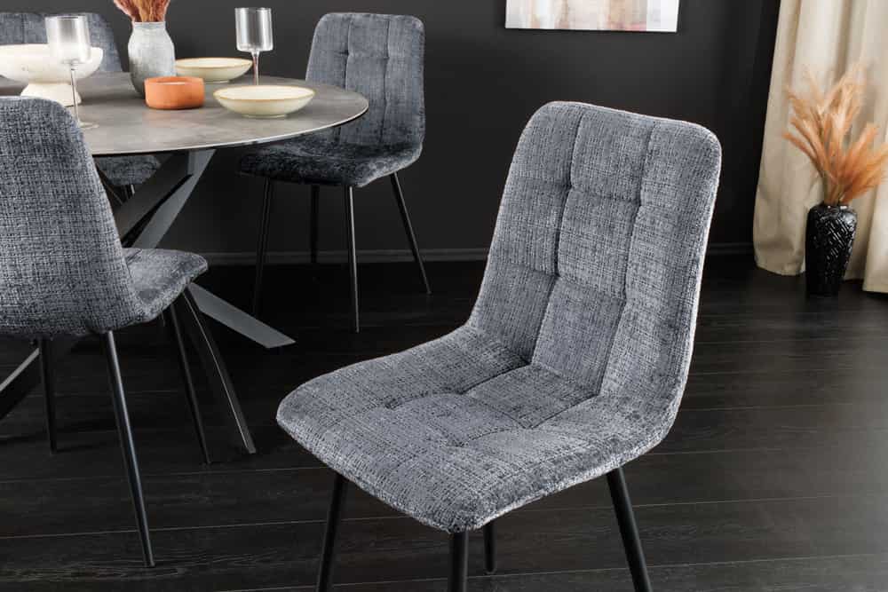 Moderner Design Stuhl TRES CHIC grau Chenille Cremona schwarze Metallbeine