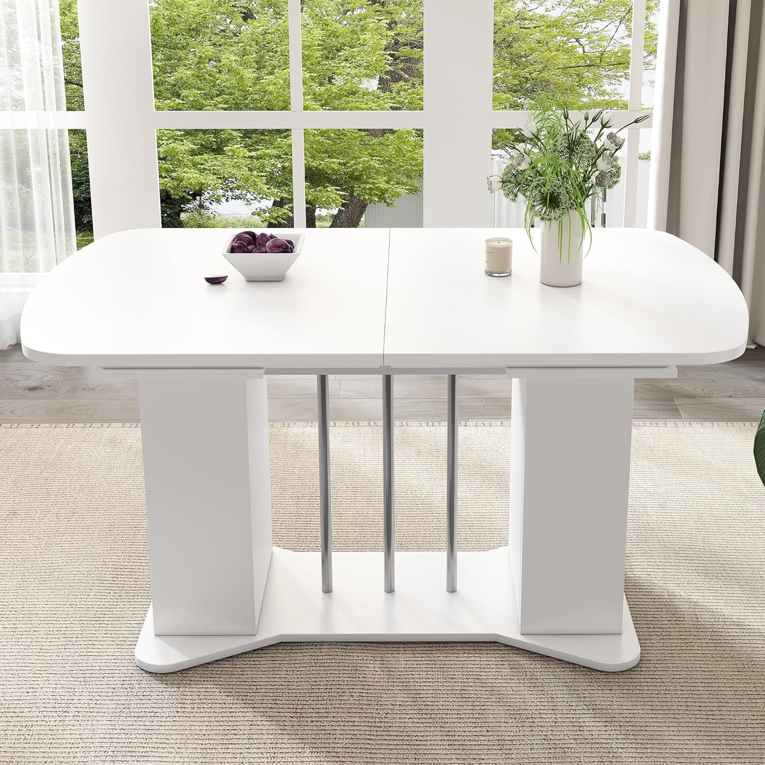 Esstisch Küchentisch für 4-6 Personen, Esstisch Ausziehbar 120-160 x 80 cm, Esszimmertisch Rechteckige mit Stauraum und Türen, Tisch mit Tischplatte und Metallgestell für Esszimmer, Weiß