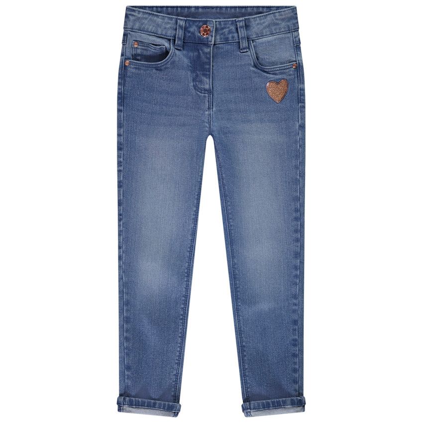 Jean droit en denim patch cœur pailleté pour fille - Bleu