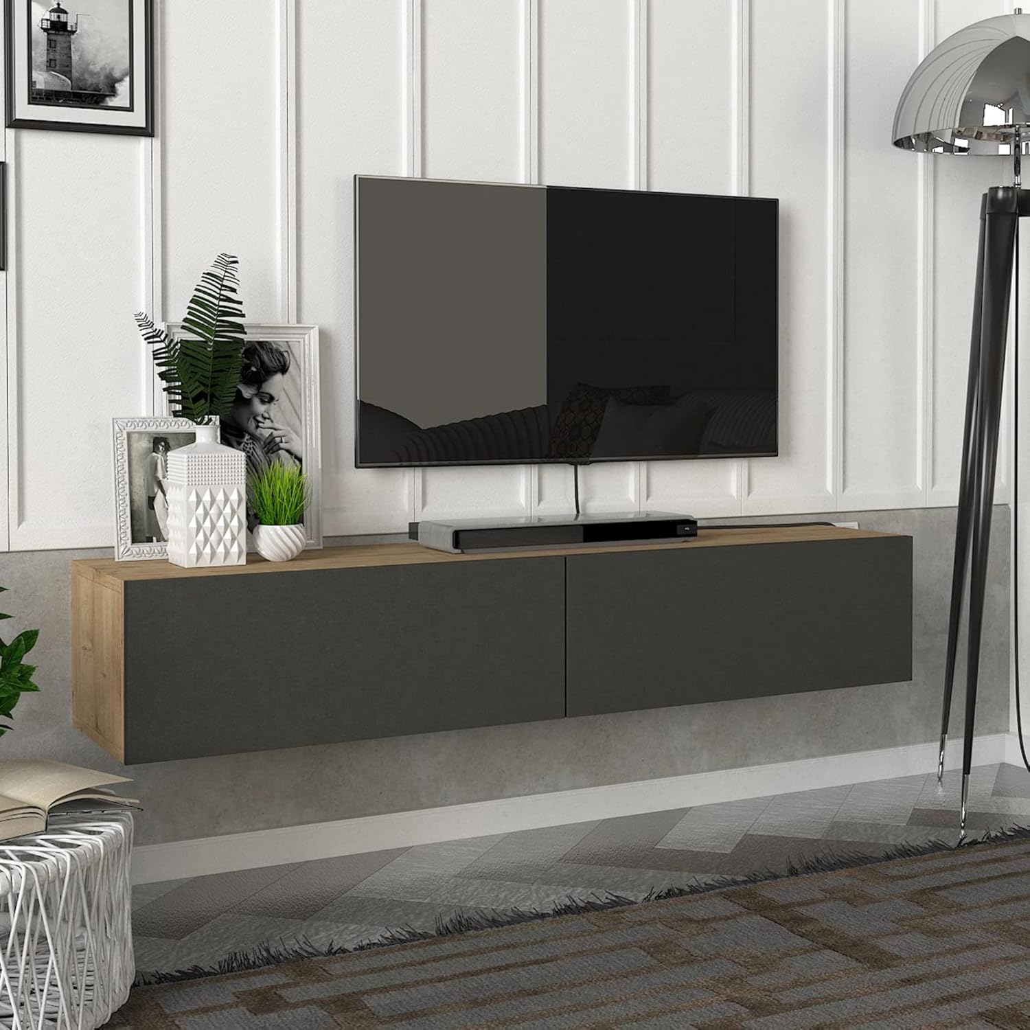 [en.casa] Fernsehschrank Toivakka mit 2 Staufächern Lowboard 135x31x25cm Hängeboard schwebend Eiche/Anthrazit
