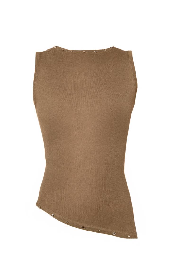 Dark Khaki Débardeur Racer Maille Transparente Détail Clous