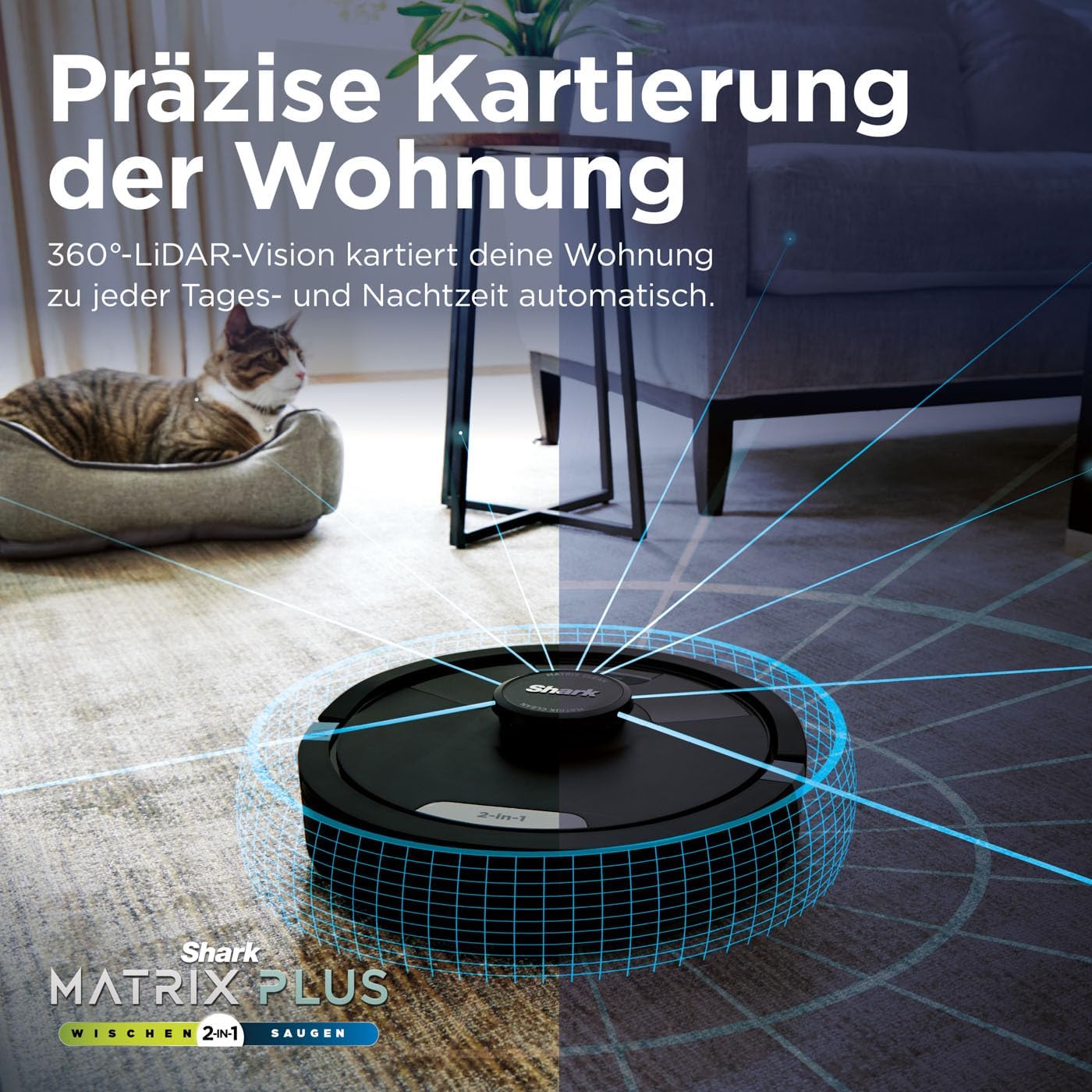 Shark Matrix Plus 2-in-1 Wisch- & Saugroboter mit LiDAR-Home Mapping, Matrix- & Kantenreinigung, für Teppich, Hartböden & Tierhaare, Selbstaufladend, Anti-Allergen, WiFi/App, Schwarz