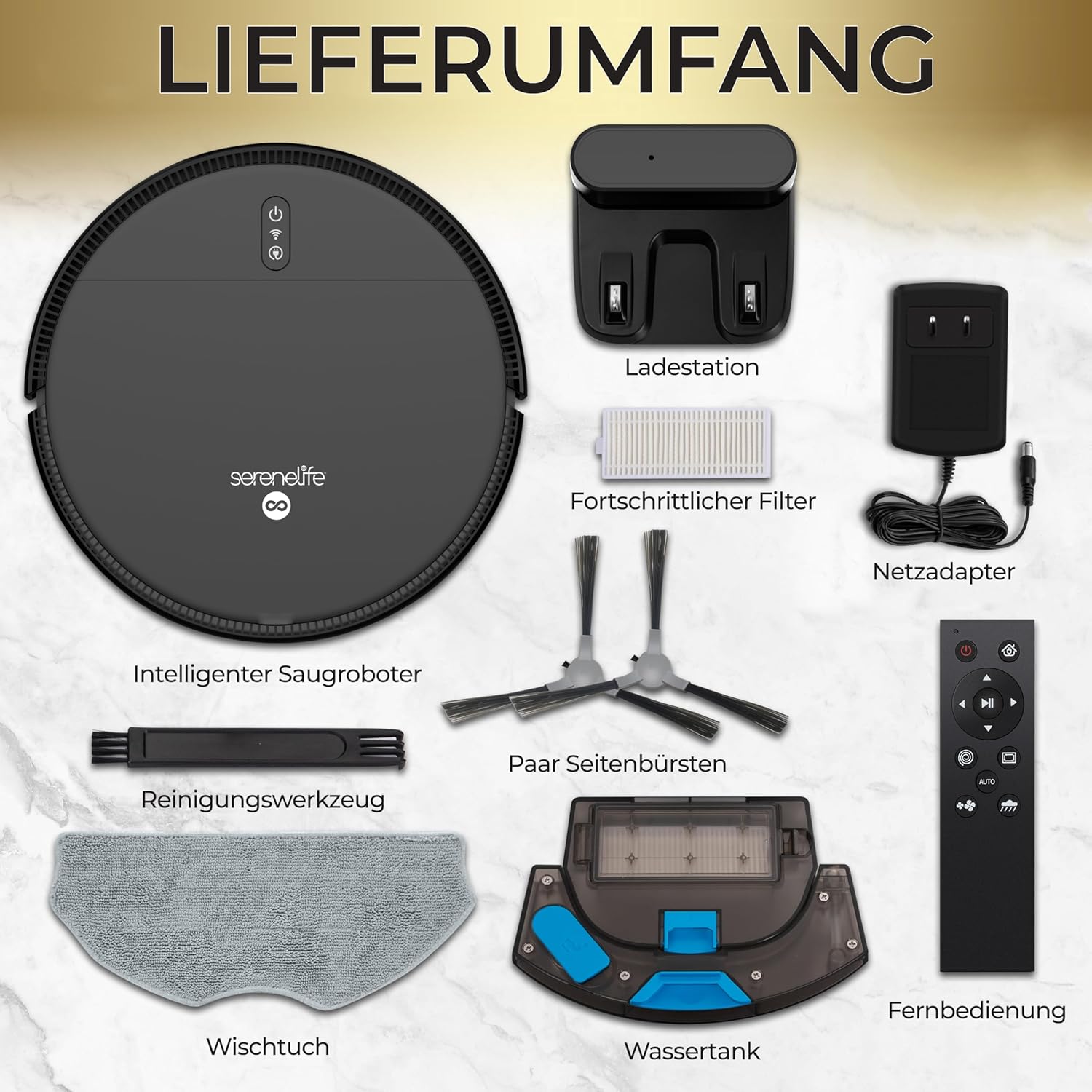 SereneLife Saug Wischroboter mit Selbstreinigung, 3000pa- Saugwischer Roboter, Saugroboter mit APP Steuerung & Selbstaufladend, 4 Reinigungsmodi, Staubsauger Roboter für Tierhaare, Weiche/Harte Böden