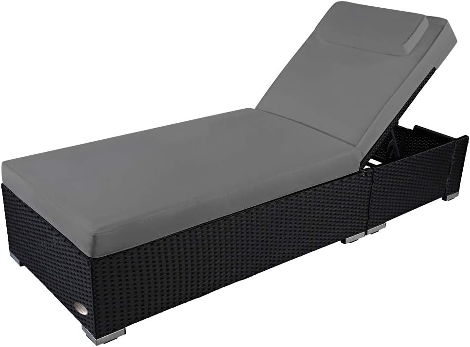 RS Trade Sonnenliege Palermo Schwarz/Grau - Outdoor Liege mit beständigem Poly-Rattan-Geflecht - verstellbare Rückenlehne – extra hoch & breite Liegefläche - inkl. Kopfteil und 10 cm Auflage