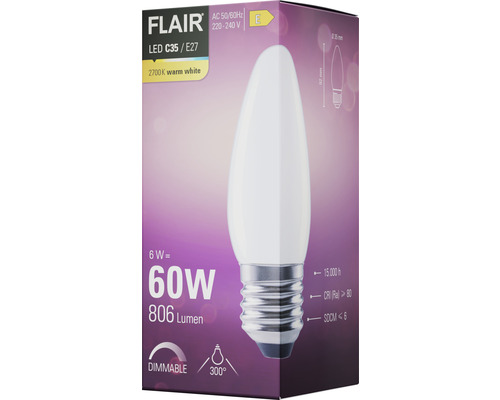 FLAIR LED kaarslamp, dimbaar, C35 E27/6W (60W) 806 lm, 2700 K warm wit, mat