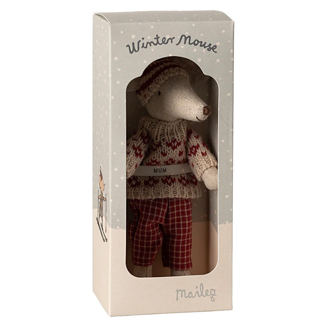 Maileg knuffelmuis moeder op ski's - red