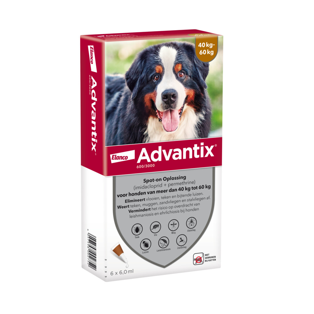 Advantix Spot On 600 Anti Vlooien en Teken Druppels Hond 40 - 60 kg6 pipetten