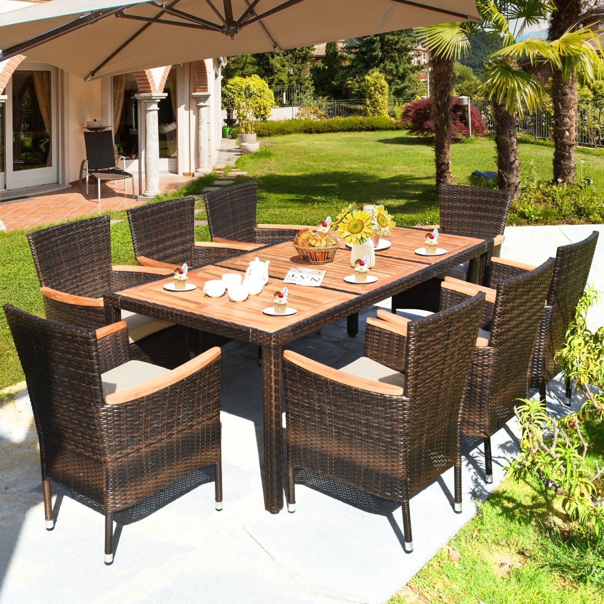 Salon de Jardin en Rotin 9 Pièces pour 8 Personnes Plateau de Table en Acacia Ensemble de Salle à Manger avec Coussins Amovibles Charge 160KG - Lidl-Manfred