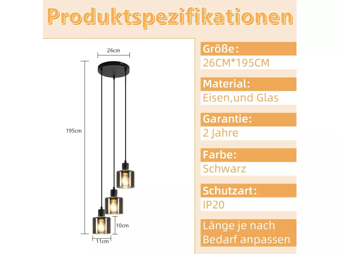 NETTLIFE Suspension Verre Noir Diam.26cm E27 Salon 3 Ampoules Lampe de Salle à Manger Vintage Lampe à Industrielle Réglable en Hauteur