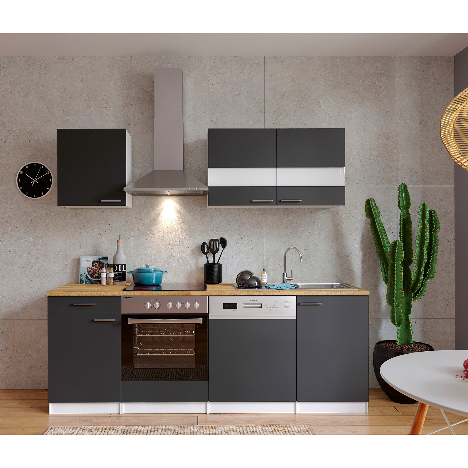 RESPEKTA Küchenblock - grau - mit E-Geräten - 220 cm