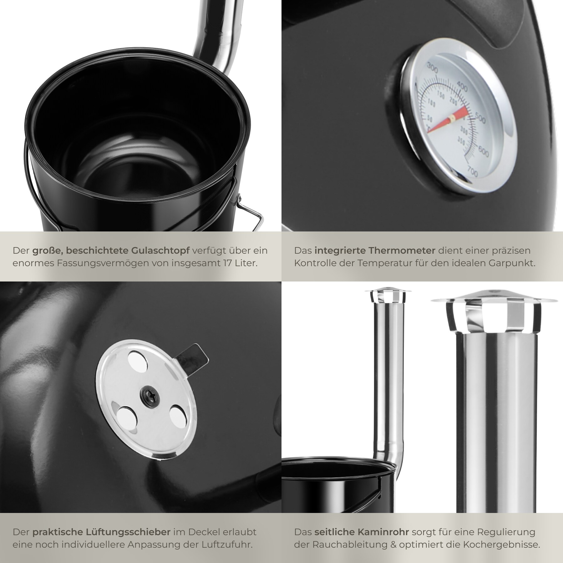 tectake® Gulaschkanone, hitzefester Stahl, 17 l, regulierbare Luftzufuhr, Thermometer, Emaillebeschichtung, 45 x 51 x 93 cm, inkl. Zubehör