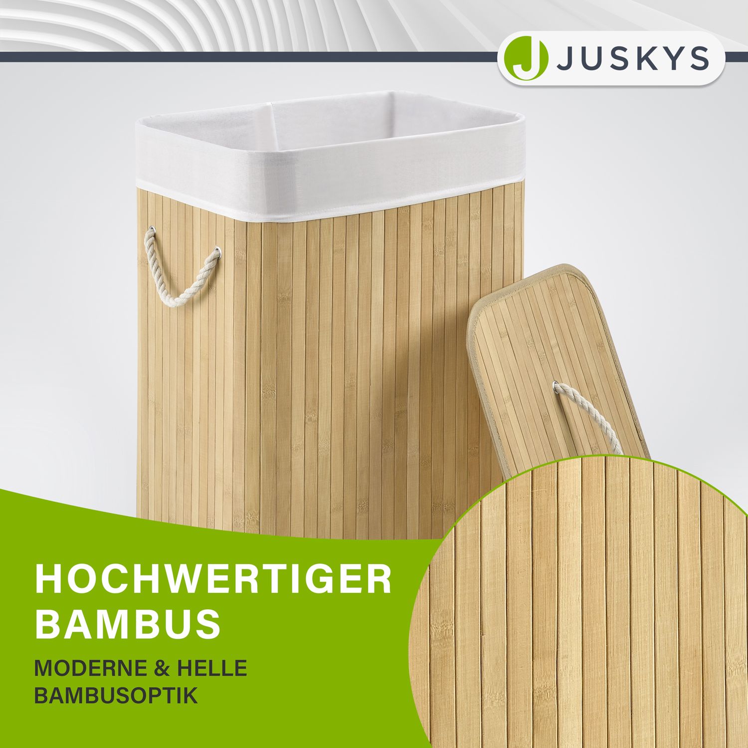 Juskys Bambus Wäschekorb Curly 72 Liter mit Stoff Wäschesack & Tragegriffen | Wäschebox in Natur