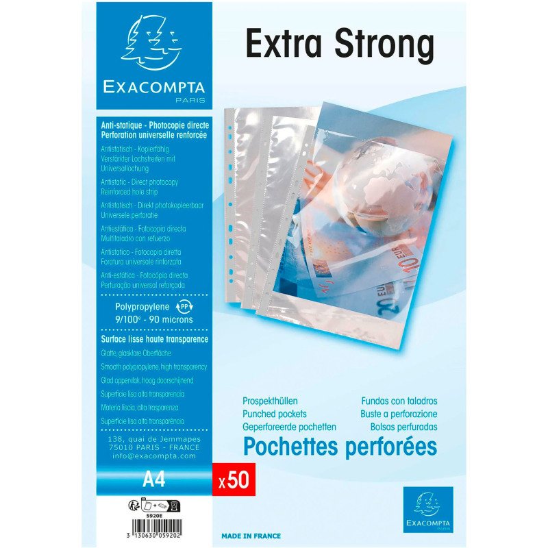 Pochettes perforées Exacompta A4 polypropylène recyclé lisse 9/100e - Boite de 50