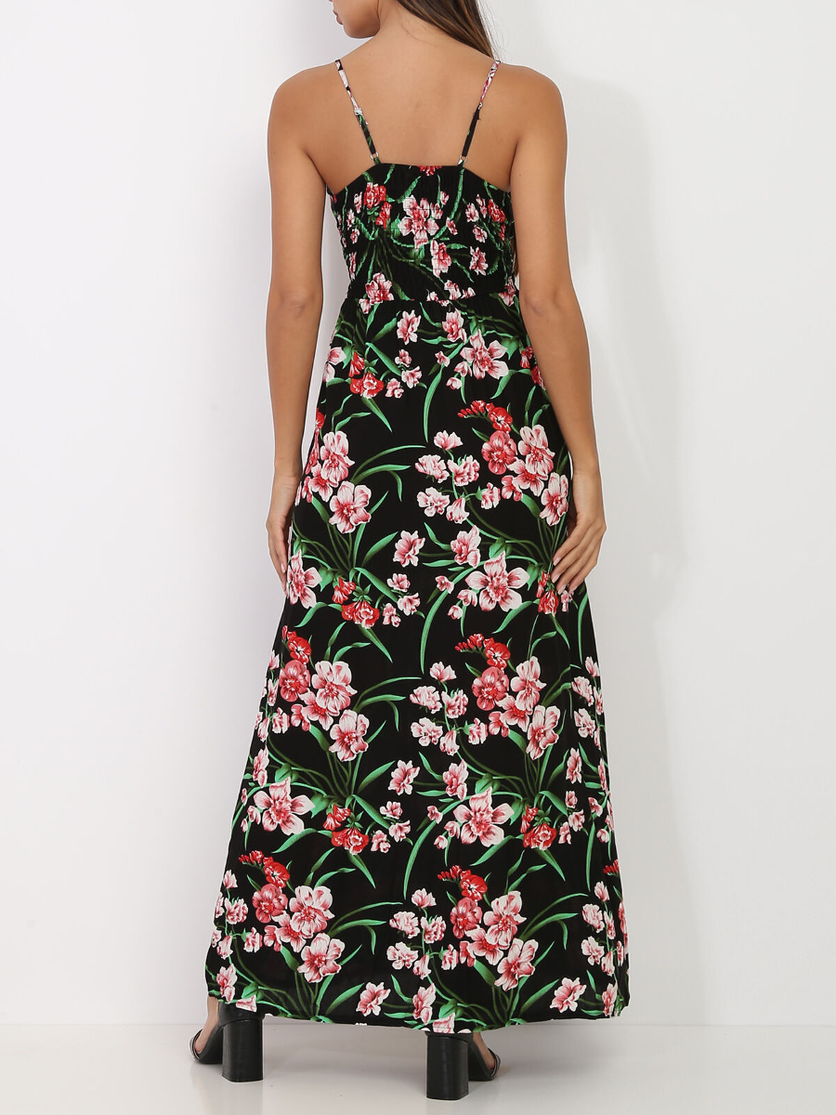 Robe longue à motifs fleurs et feuilles- Noir