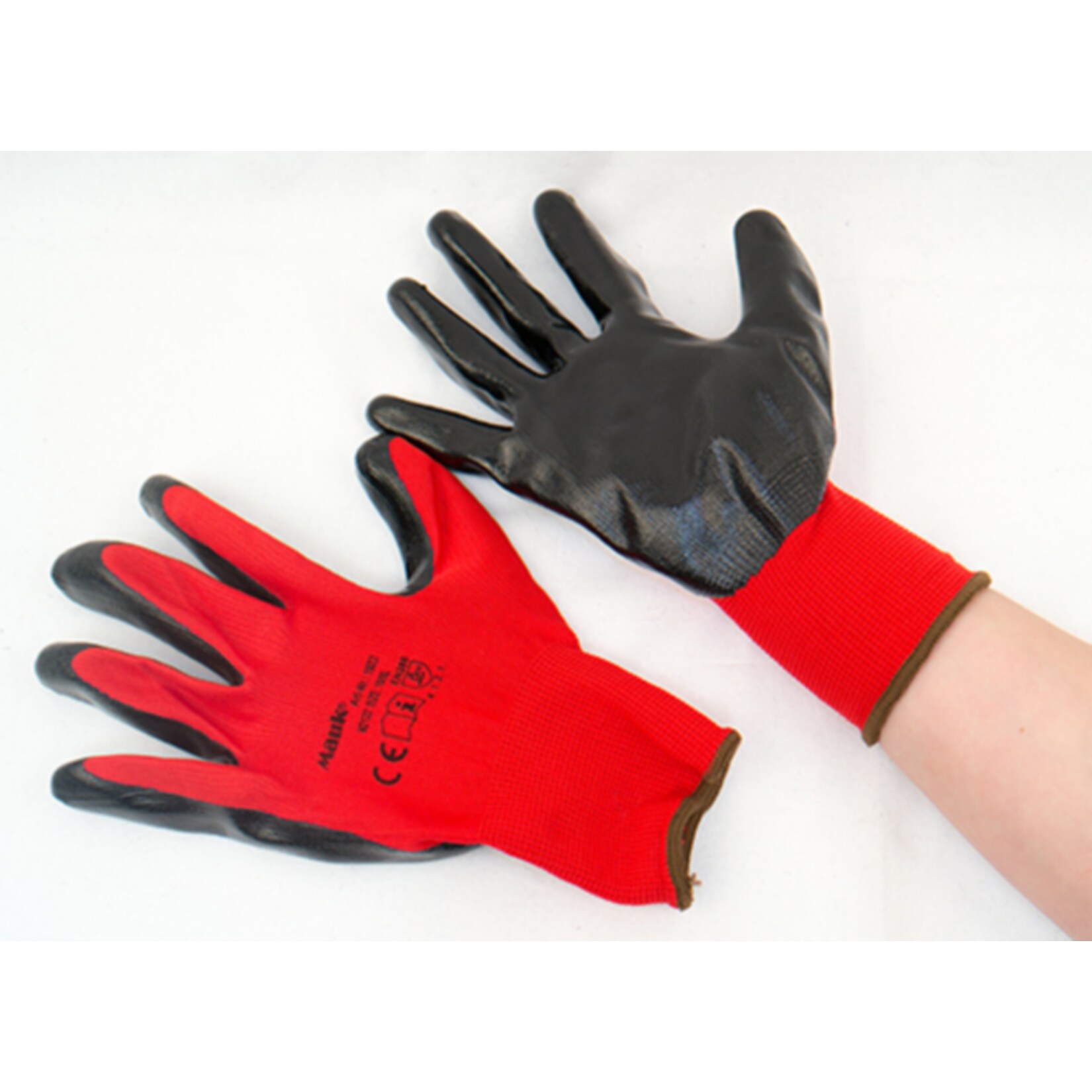 MAUK (12 Paar) Handschuhe Polyester Rot 13g, schwarz Nitril beschichtet 45g Größe 9