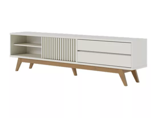 Meuble TV 75 Pouces Blanc Pieds Bois 1 Porte 2 Tiroirs 3 Niches L 200 H 55.2 P 37.7 cm