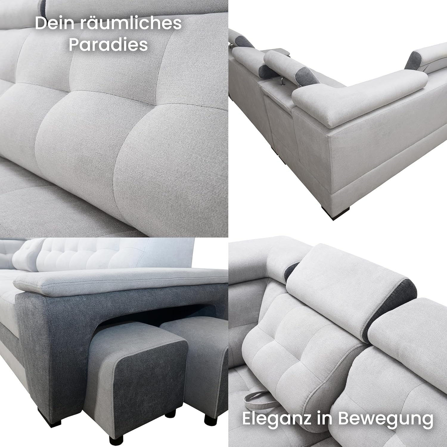 Robin Grand Ecksofa mit Schlaffunktion Bettkasten Kopfstützen Relaxfunktion 2 Hocker Sofa L-Form Schlafsofa Freistehende Eckcouch Schlafcouch Wohnzimmermöbel Wohnlandschaft Links Silver Anthracite