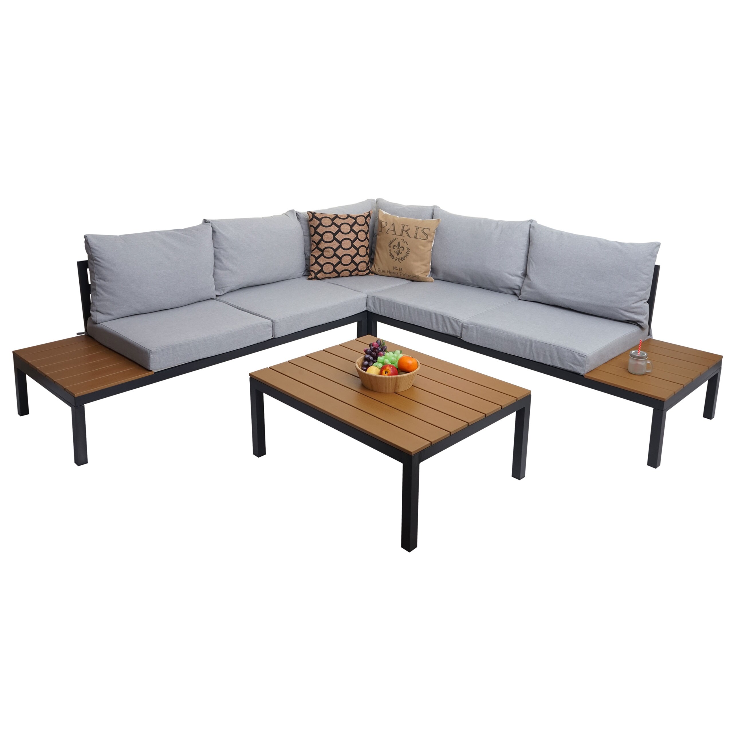 Garten Garnitur MCW-H54b, Garnitur Sitzgruppe Garten-/Lounge-Set Sofa, Olefin Holzoptik Alu ~ Polster hellgrau