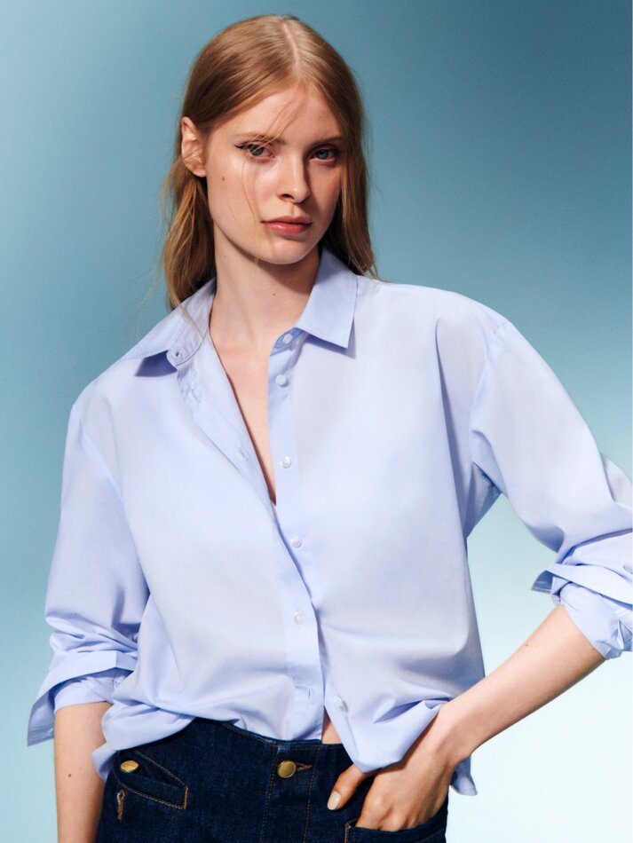 Camisa de popeline de manga comprida - Azul claro