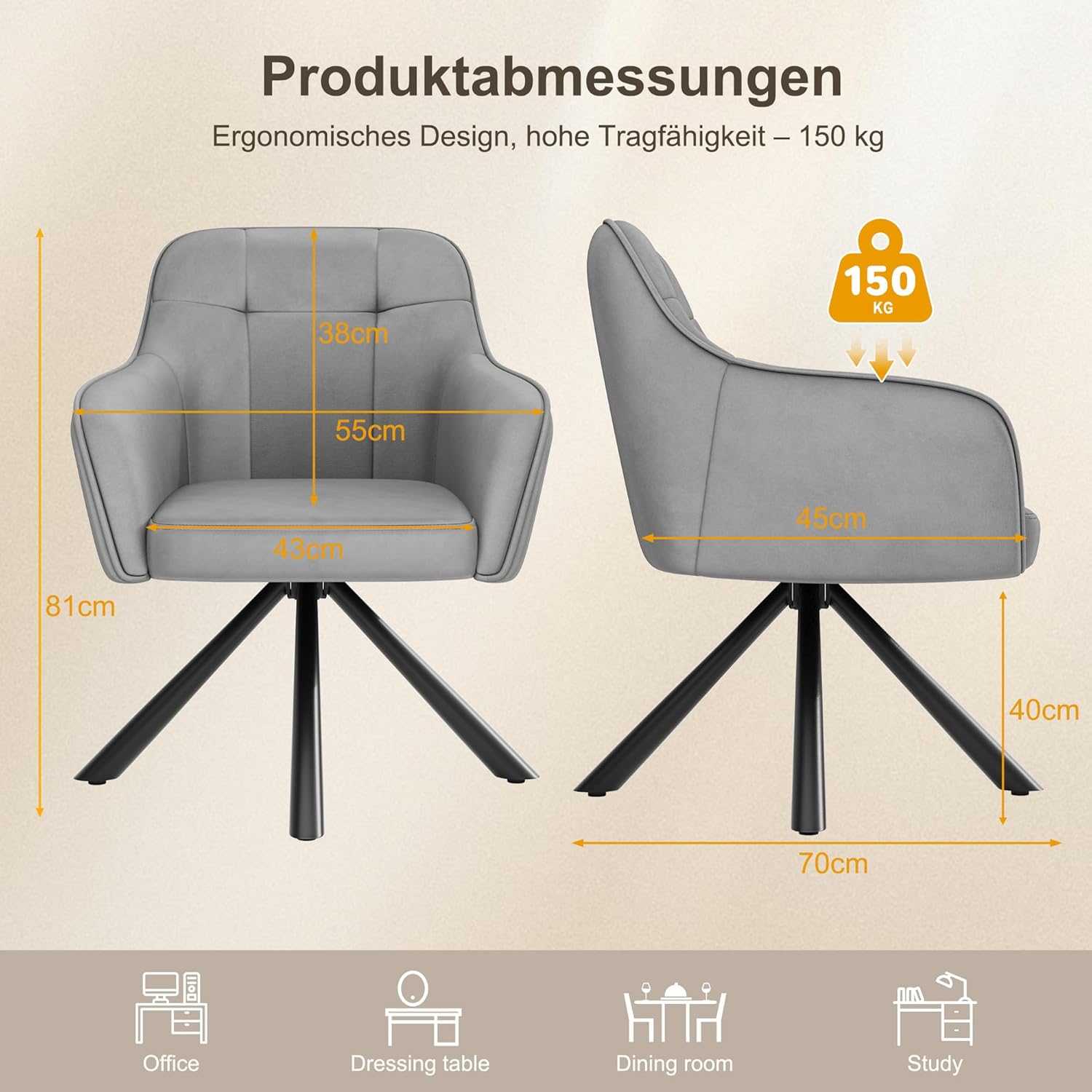 YOUDENOVA Esszimmerstühle 2er Set, 360° Drehbar mit Armlehnen, Samt Polsterstuhl für Esszimmer, Küche, Wohnzimmer & Büro, Stühle Esszimmer Grau