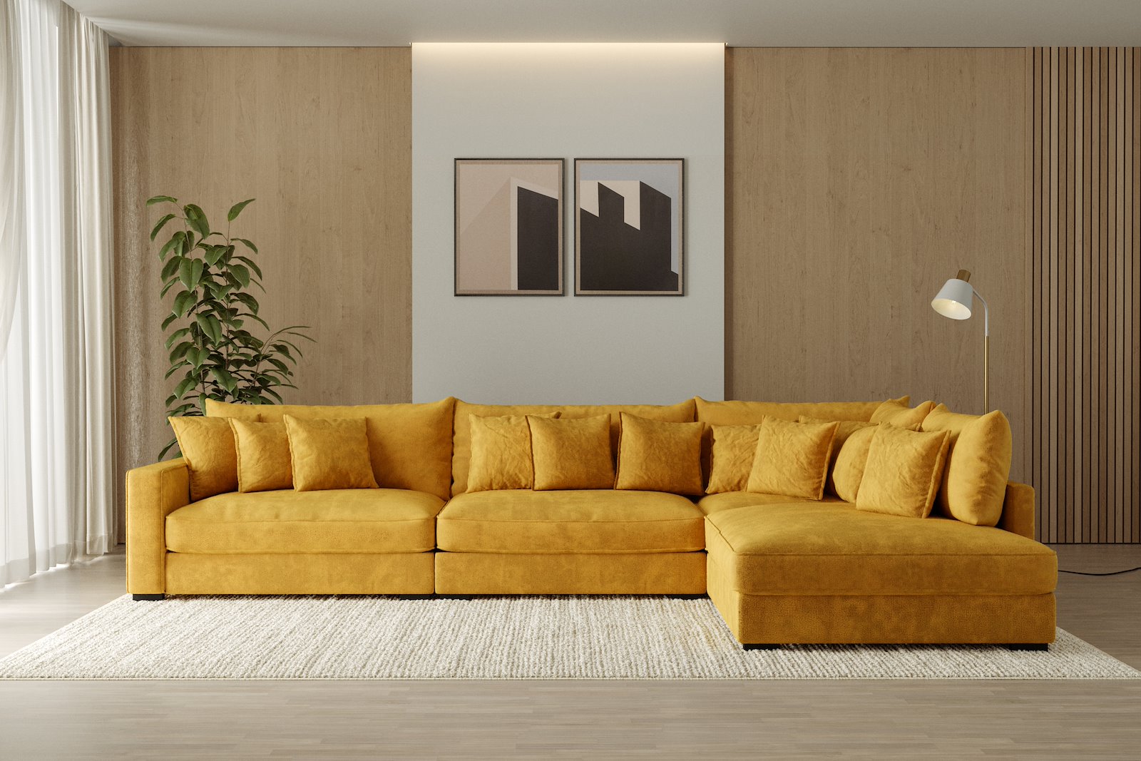 Rossi Lux 4-seter med åpen ende høyre Tekstil Genesis 10 Golden Yellow, arm B med sorte ben. Lux Komfort.