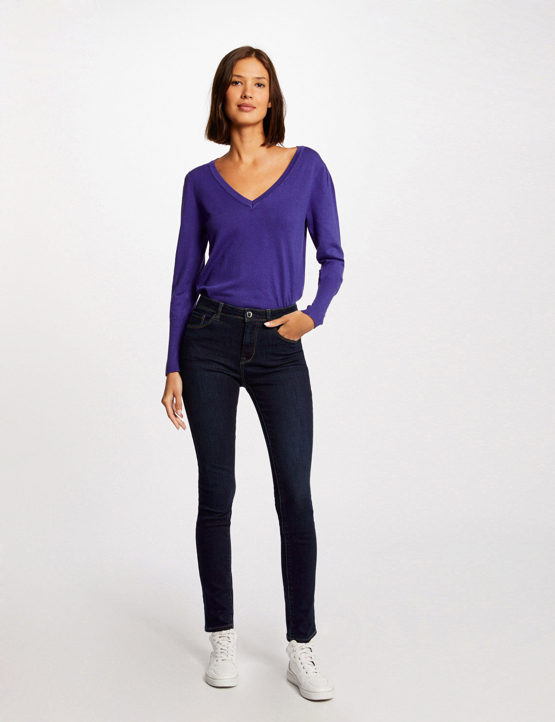Pull manches longues avec col en V violet femme - violet