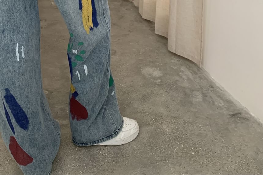 Cerauno - High Waist Brush Print Washed Distressed Wide Leg Jeans