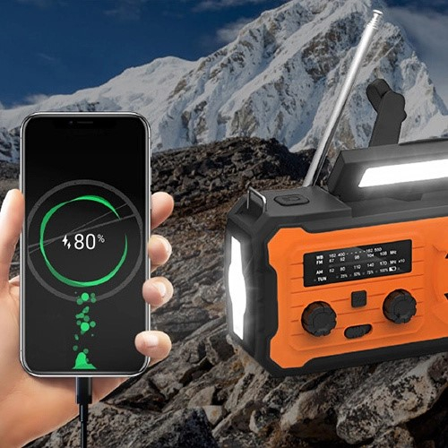 (16x6cm) 4000mAh 4in1 Outdoor Kurbel Radio mit WB/AM/FM / USB Powerbank / Solar Taschenlampe / SOS Alarm / LED Leselampe - Grau