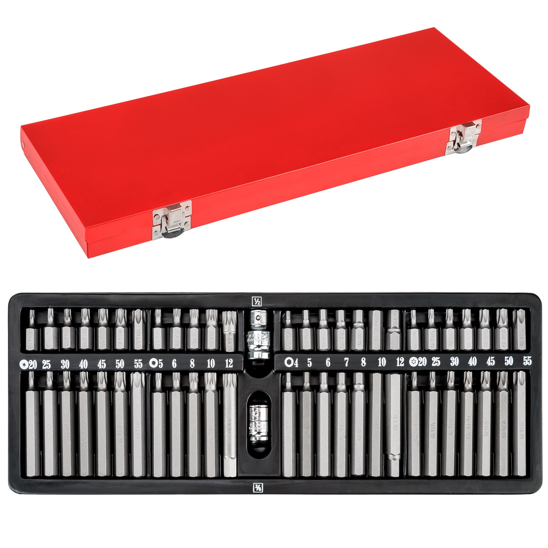 tectake® Bitsatz, 54-teilig, 2 Bit-Adapter, stabiler Koffer aus Metall