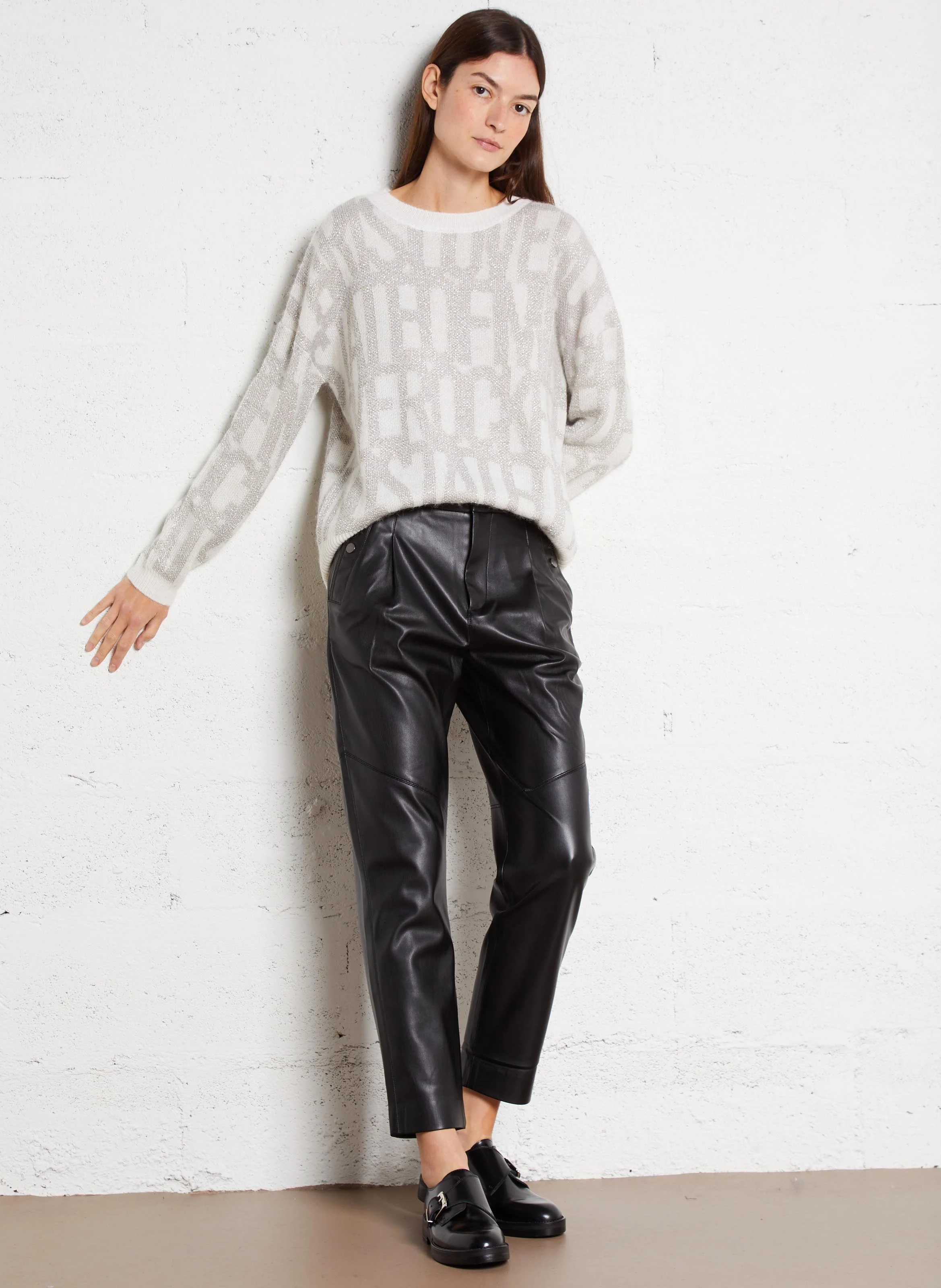 Pull ample col rond jacquard en maille métallisée | Blanc