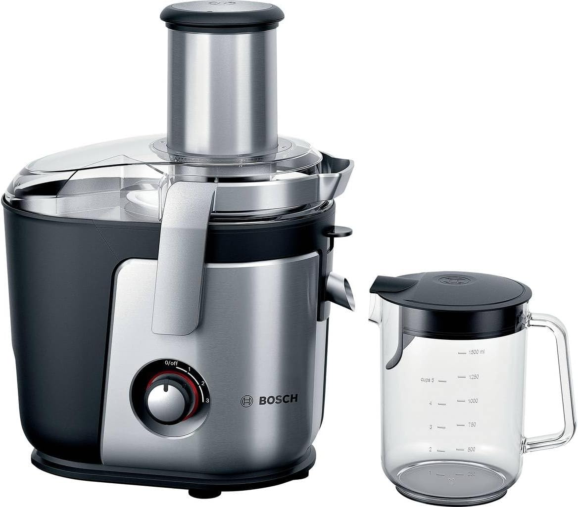 Bosch XXL Entsafter, für Obst und Gemüse, große Mengen, XXL Einfüllschacht, schnell, kein Vorschneiden, 1,25l Saftbehälter, leichte Reinigung, spülmaschinenfest, 1200 W, silber, VitaJuice 4 MES4010