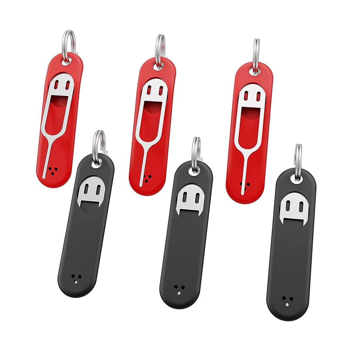 (6er Set) SIM-Karten-Auswurfwerkzeug Set mit Schlüsselanhänger / Auswerfer-Pins für SIM-Kartenfächer / Kompatibel mit Smartphones - Schwarz / Rot