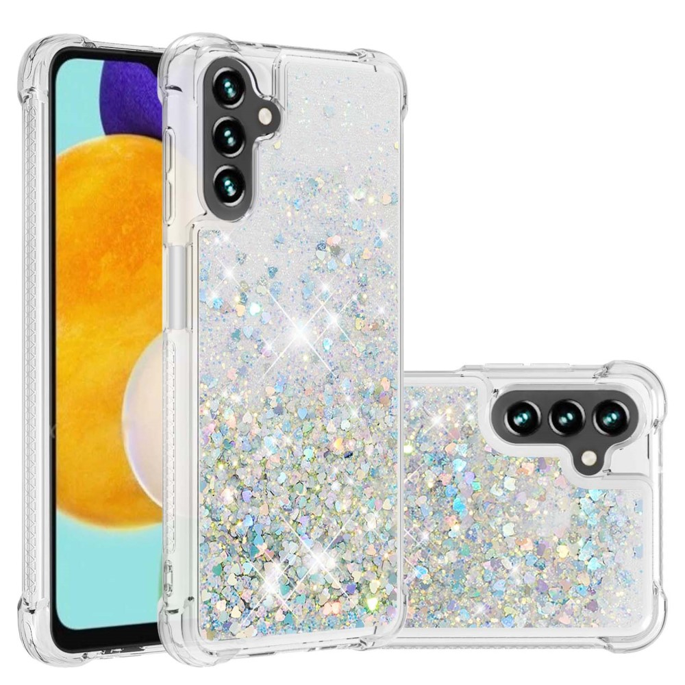 Samsung Galaxy A54 5G Hardcase Hülle mit Air Cushion Fallschutz Liquid Case Glitzer Herzen - Silber / Transparent
