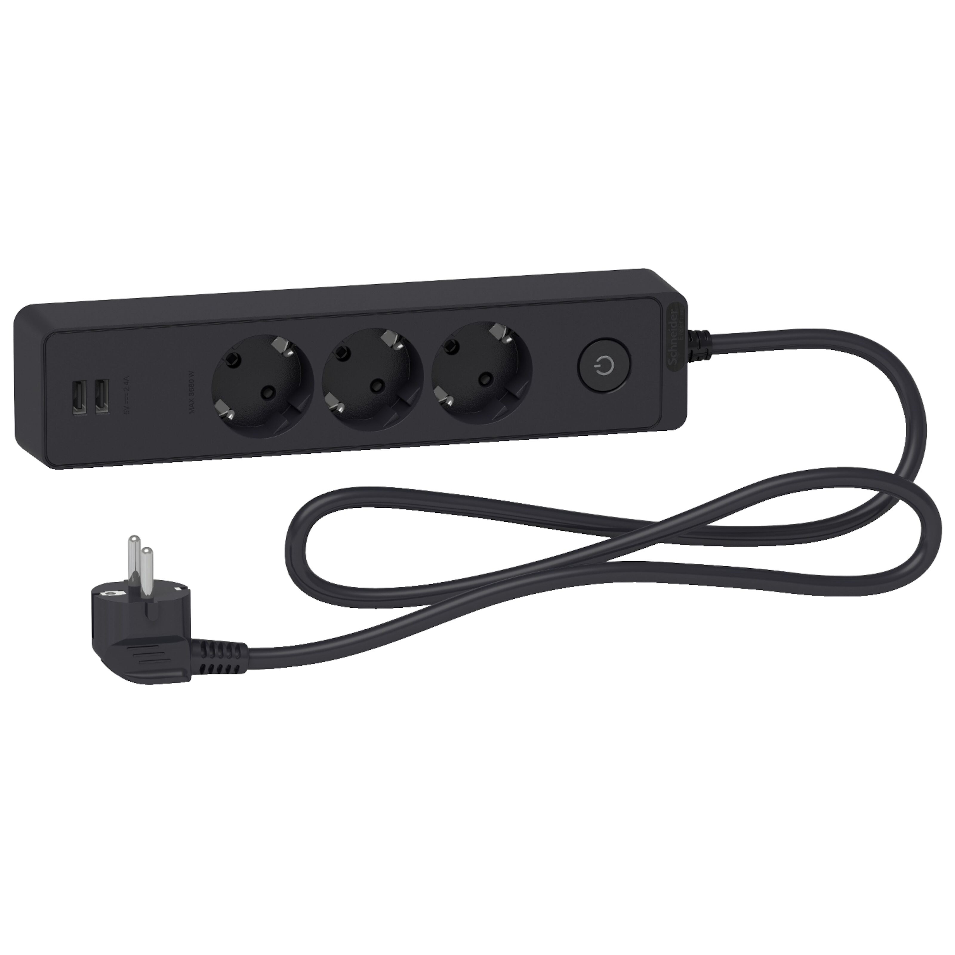 Schneider Electric Grenuttak med bryter og USB-uttak 3-veis Svart