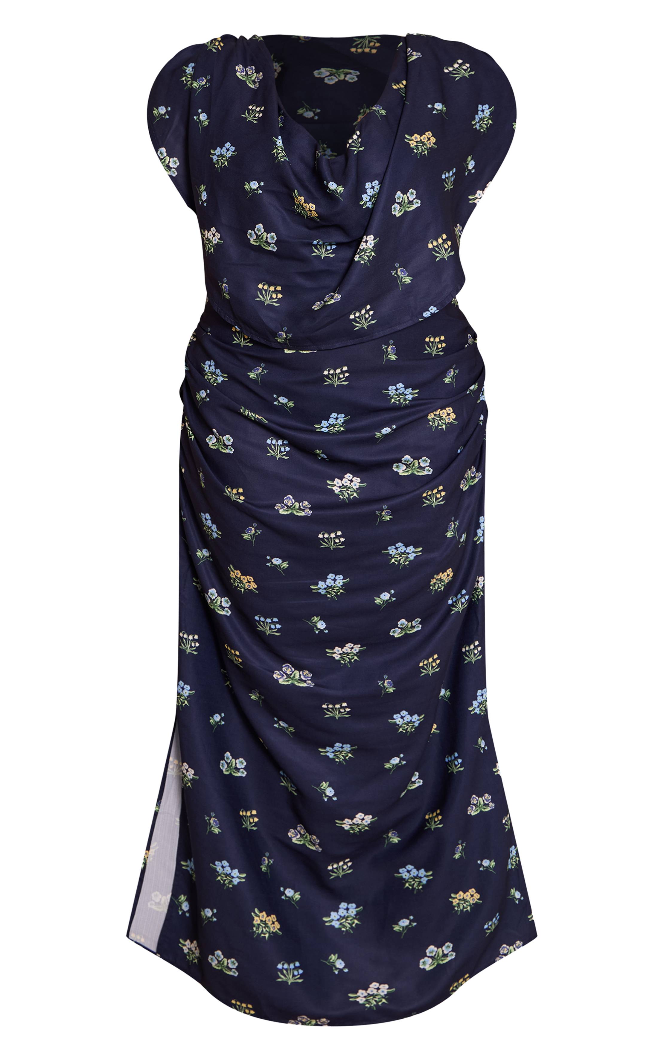 Bleu Marine Robe Maxi Grande Taille À Col Bénitier Extrême Et Détails Froncés Floraux